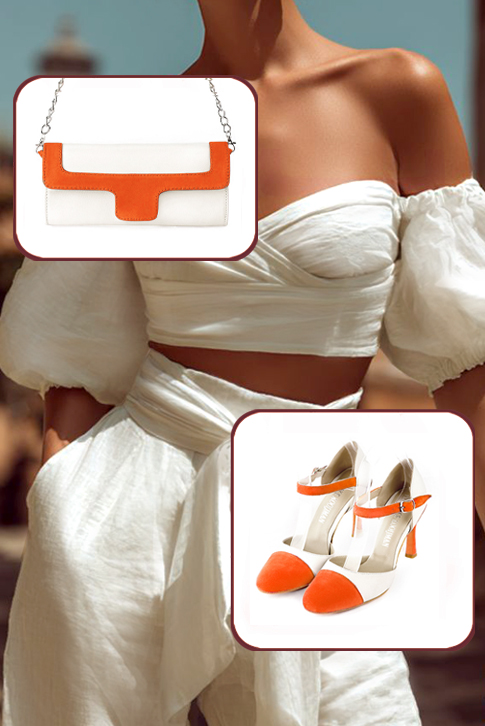 Women's clementine orange and off white elegant closed-back heels, with an instep strap. Round toe. High slim heel - Worn view